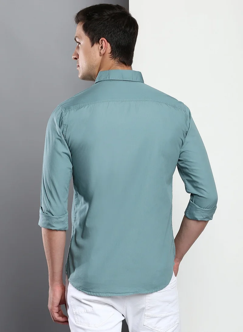 Dennis Lingo Blue Men's Slim Fit Teal Blue Casual Cotton Spread Shirt for Men | Best Price UAE