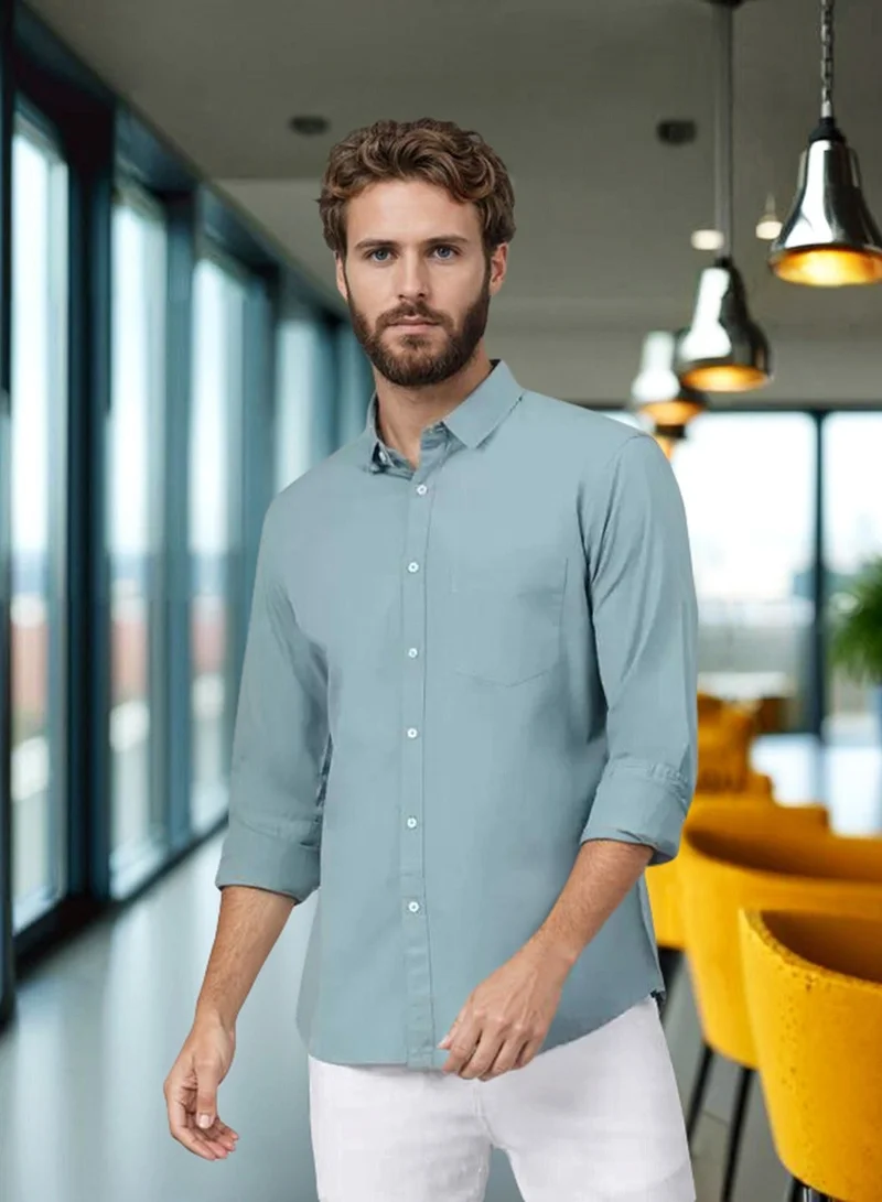 Dennis Lingo Men's Slim Fit Teal Blue Casual Cotton Spread Shirt