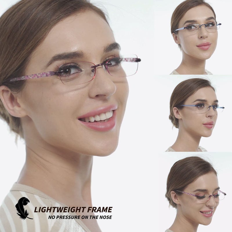Jjwell 3 Pack Blue Light Blocking Reading Glasses For Women  Anti Eyestrain/Computer Glare Uv 400 Filter Readers With Spring Hinge  Lightweight Rimless Tinted Metal Blue Rays Eyeglasses (1.75) - Image 3