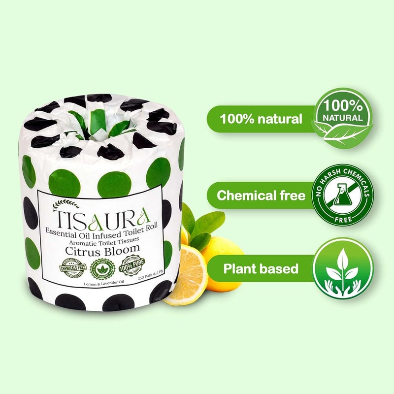 TISAURA Citrus Bloom Aromatic Toilet Rolls With Bathroom Refreshener (Citrus Aroma) 2 Ply, 250 Pulls (Pack of 2), 500 Pulls Total - Luxurious Aroma with 100% Pure Plant Based Essenial Oils - Image 3