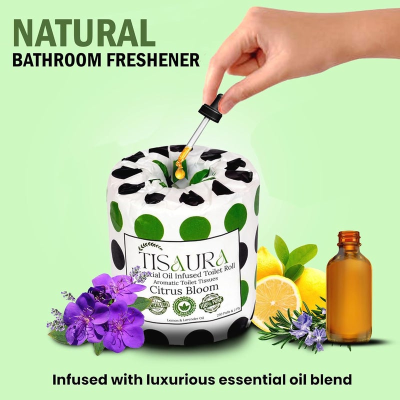 TISAURA Citrus Bloom Aromatic Toilet Rolls With Bathroom Refreshener (Citrus Aroma) 2 Ply, 250 Pulls (Pack of 2), 500 Pulls Total - Luxurious Aroma with 100% Pure Plant Based Essenial Oils - Image 2
