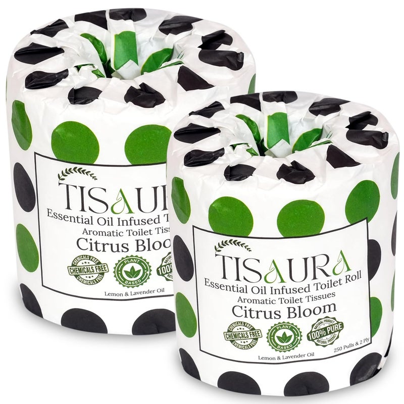 TISAURA Citrus Bloom Aromatic Toilet Rolls With Bathroom Refreshener (Citrus Aroma) 2 Ply, 250 Pulls (Pack of 2), 500 Pulls Total - Luxurious Aroma with 100% Pure Plant Based Essenial Oils - Image 1