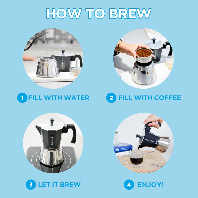 GROSCHE Milano Induction Stovetop Espresso Maker Moka Pot for Greca, Induction, Electric & Gas Stoves, Dishwasher Safe Stovetop Espresso Maker | 6 Espresso Cup, Black - Image 2