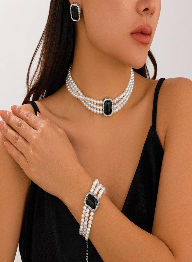ZMANYIJEW Pearl Earrings Necklace Bracelet Set for Women Wedding Rhinestone Crystal Pearl Jewelry Set Bride Bridesmaid Dainty Jewelry for Women (black-Square) - Image 2