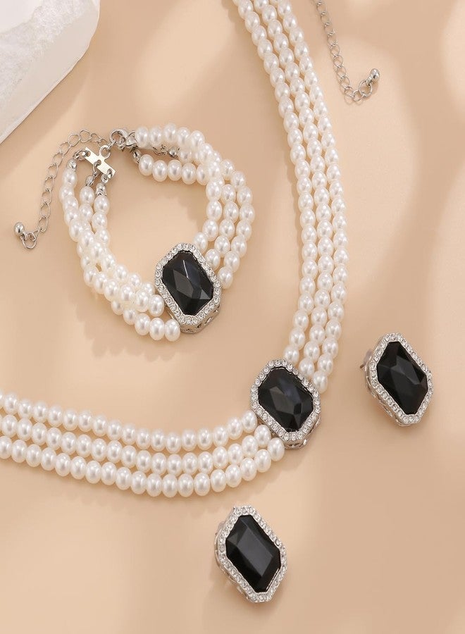 ZMANYIJEW Pearl Earrings Necklace Bracelet Set for Women Wedding Rhinestone Crystal Pearl Jewelry Set Bride Bridesmaid Dainty Jewelry for Women (black-Square) - Image 5