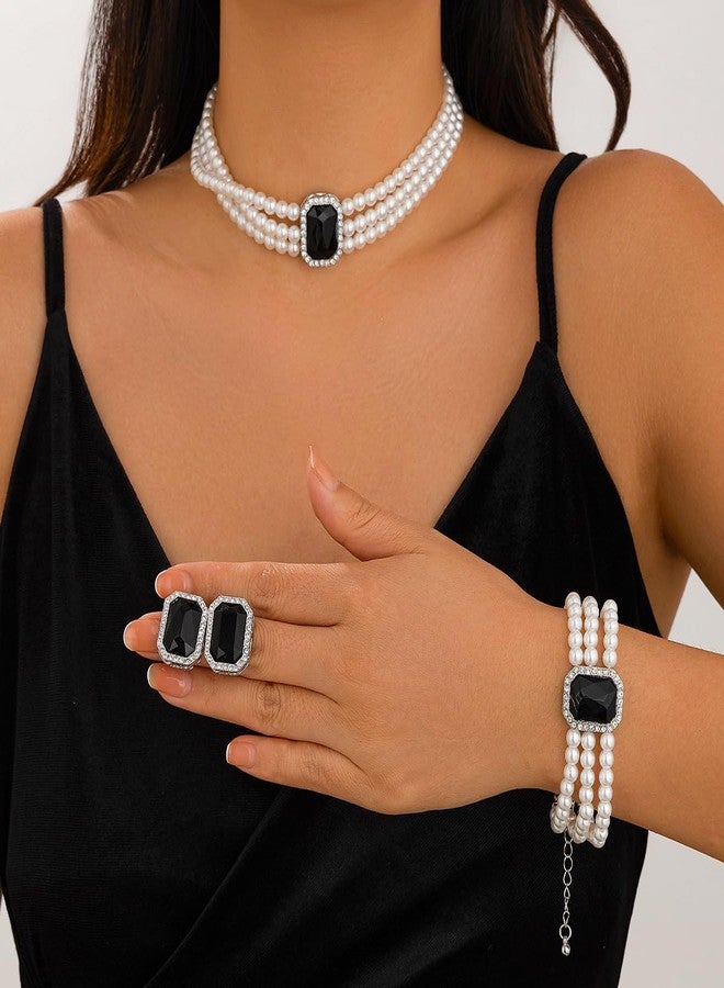 ZMANYIJEW Pearl Earrings Necklace Bracelet Set for Women Wedding Rhinestone Crystal Pearl Jewelry Set Bride Bridesmaid Dainty Jewelry for Women (black-Square) - Image 3