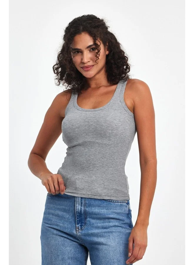 Women’s Grey Ribbed-Effect Strappy Thick Stretch Knit Basic Crop Tank Top