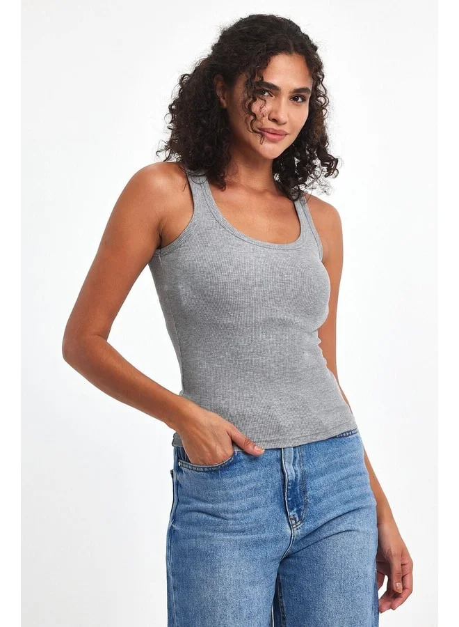 Mmetalic  Women’s Grey Ribbed-Effect Strappy Thick Stretch Knit Basic Crop Tank Top for Women | Best Price UAE