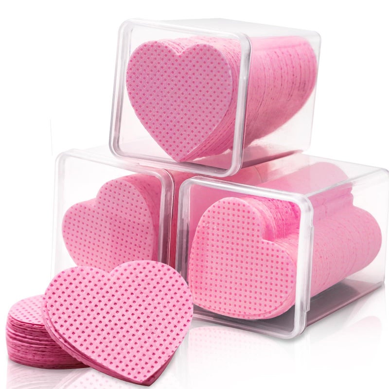 Eyelash Extension Wipes - Heart-Shaped Lint-Free Pink Non-Woven Fabric Disposable Cleansing Wipes, Designed for Eyelash Extension Glue Removal, Nail Polish Remover, 600 Count per Pack