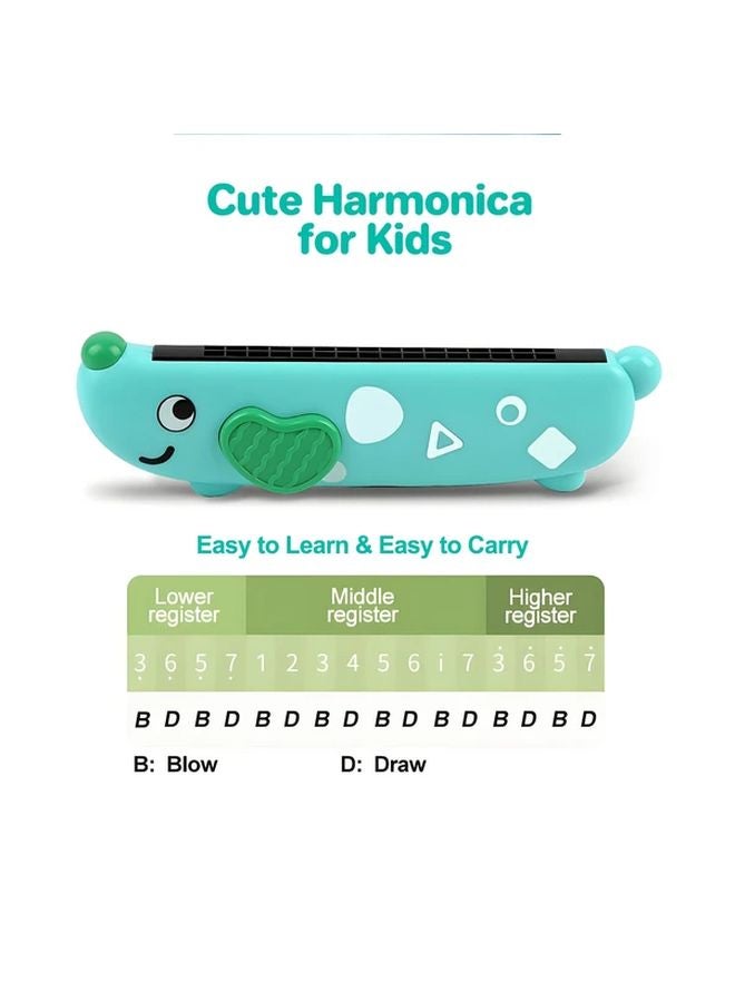 هارمونيكا الأطفال الخضراء 16 ثقب آلة موسيقية مع وجوه حيوانات نظام تعليمي مرمّز بالألوان - Image 3