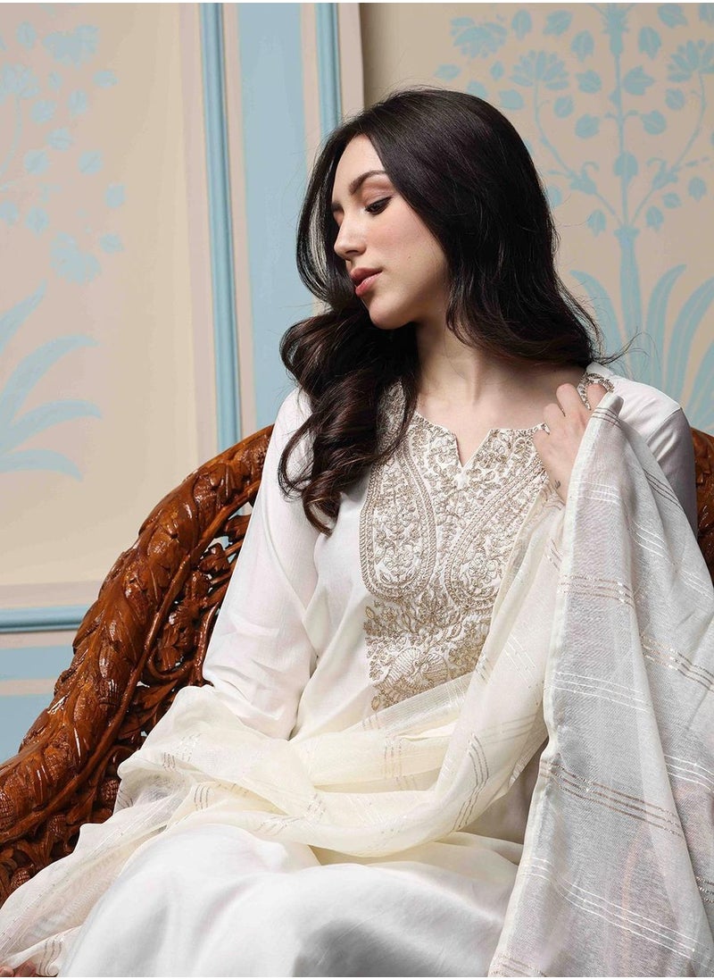 ISHIN Straight Fit Yoke Design Pattern Round Neck Three-Quarter Sleeves Off White Colour Knitted Cotton Kurta Set for Women with Semi Elastic Closure - A Must-Have for Every Wardrobe  - Image 1