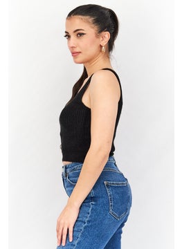 Threadbare Women U Neck Sleeveless Textured Cropped Top, Black  - Image 2