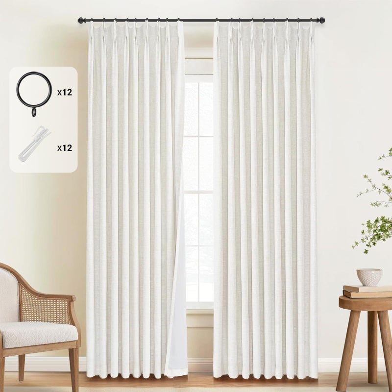 INOVADAY INOVADAY Pinch Pleated Curtains Blackout  Curtains 105 Inches 2 Panels Set  100% Blackout Curtains for Bedroom Thermal Insulated Linen Pinch Pleat Blackout Drapes with Hooks W40 x L105  Beige White  - Image 1