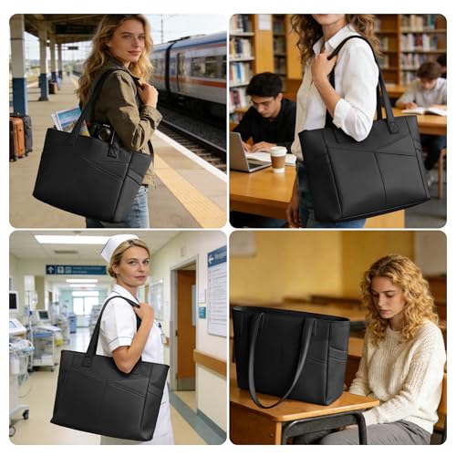 CTWWFS Upgraded Large Tote Bag for Women with Zipper, Lightweight Work Tote Bags for Women with 15.6” Laptop Sleeve, Nurse Teacher Bag with Cup Holder for Work, College, Travel (Black-1) - Image 2
