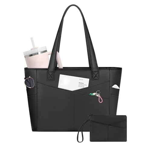 CTWWFS Upgraded Large Tote Bag for Women with Zipper, Lightweight Work Tote Bags for Women with 15.6” Laptop Sleeve, Nurse Teacher Bag with Cup Holder for Work, College, Travel (Black-1) - Image 1