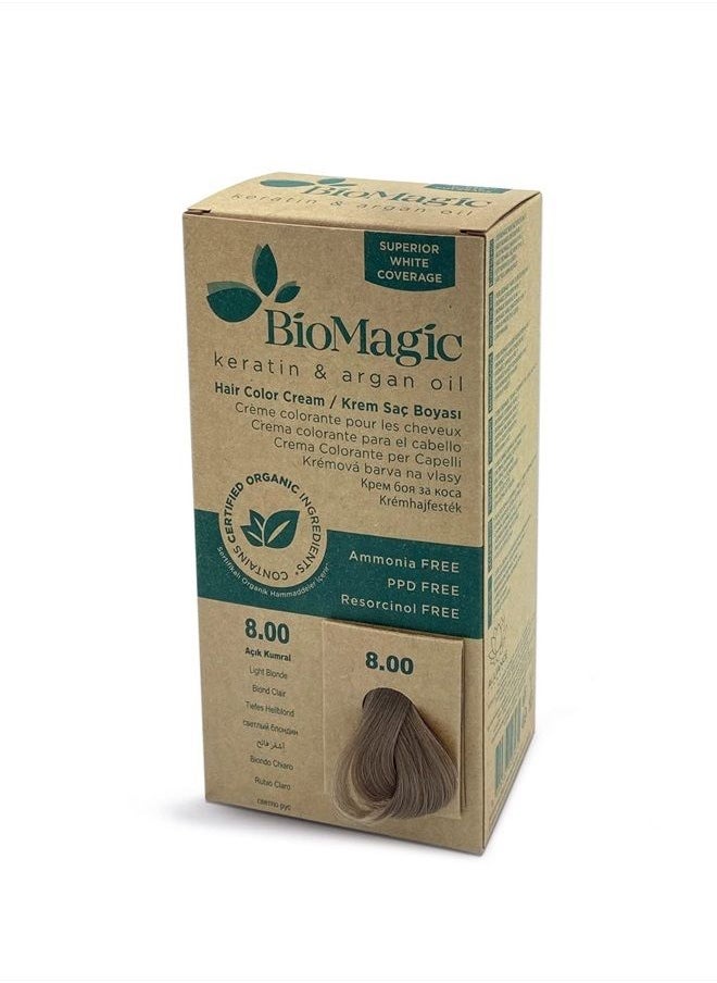 BIOMAGIC - Permanent Hair Color, Keratin & Argan Oil Line, Ammonia FREE Hair Dye, Contains Certified Organic Ingredients, Hair Coloring for a Natural Look (8.00 Light Blonde) - Image 1