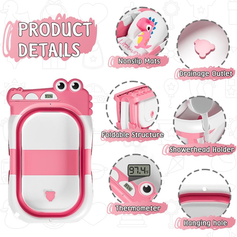 MoreFeel Collapsible Baby Bathtub for Newborn with Thermometer & 1 Hooded Towel & 1 Soft Floating Cushion,Portable Travel Bathtub with Drain Hole, Durable Foldable Baby Tubs for Infants to Toddler - Image 3