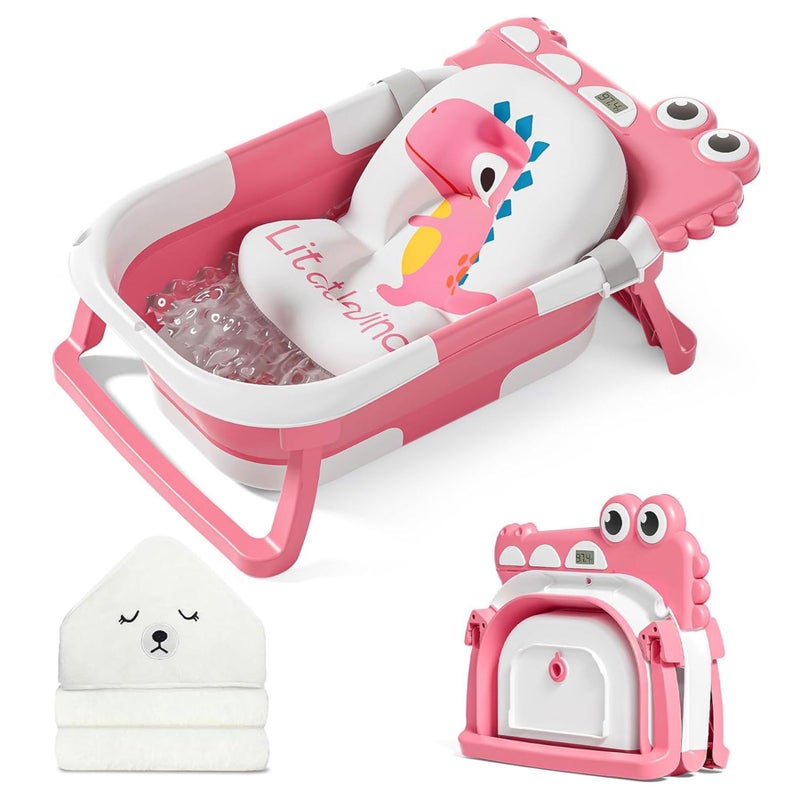MoreFeel Collapsible Baby Bathtub for Newborn with Thermometer & 1 Hooded Towel & 1 Soft Floating Cushion,Portable Travel Bathtub with Drain Hole, Durable Foldable Baby Tubs for Infants to Toddler - Image 1