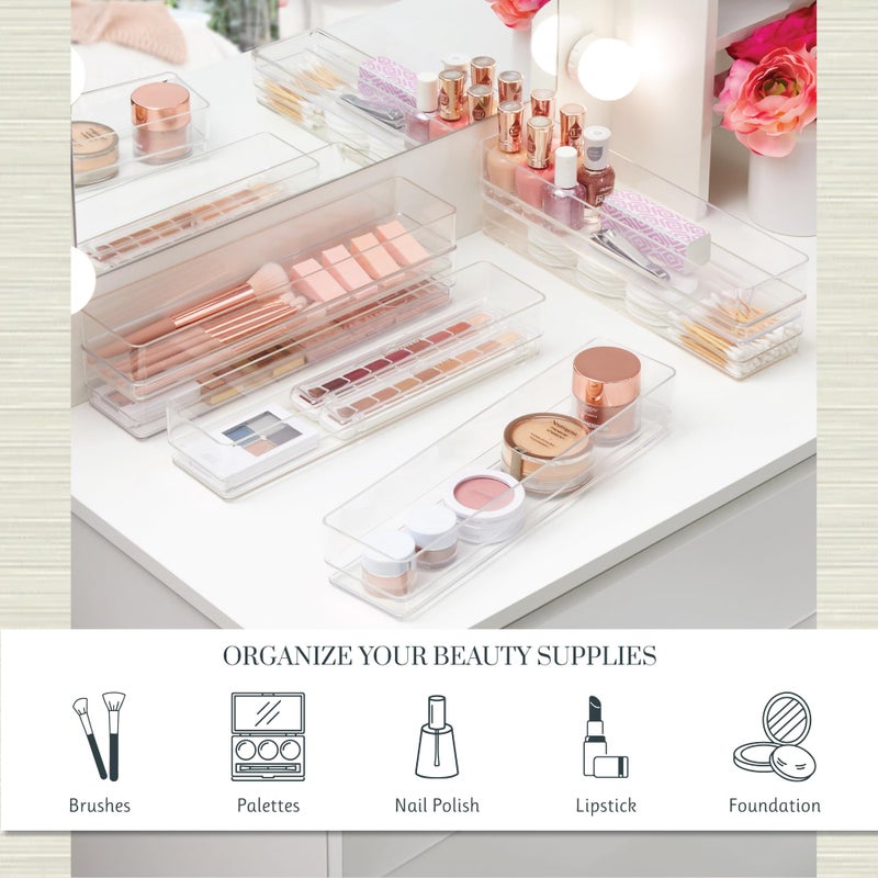 STORi SimpleSort 6-Piece Stackable Clear Drawer Organizer Set | 12" x 3" x 2" Rectangle Trays | Narrow Makeup Vanity Storage Bins and Office Desk Drawer Dividers | Made in USA - Image 3