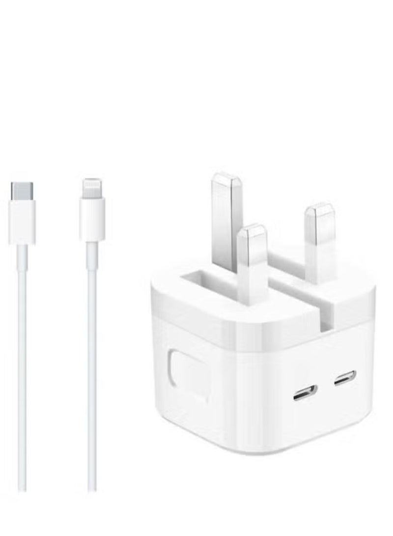 TIGER "35W USB-C Dual Port Power Adapter – Fast iPhone Charger with Type-C to Lightning Cable (1 Meter) – Compatible with All iPhone Models, Ideal for iPhone 14 Series – White"  - Image 1