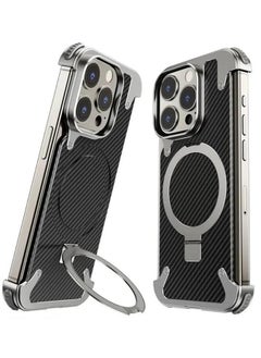 Oatsbasf Luxury New Design Carbon Fiber Case with Phone Ring Grip Frameless for iPhone 16 Pro Max Silver  - Image 1