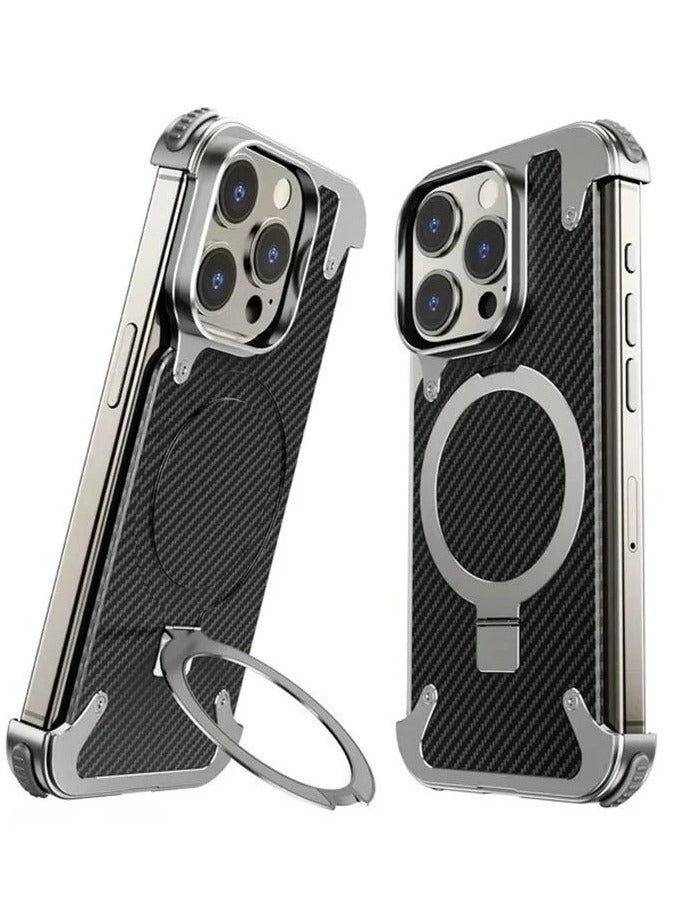 Oatsbasf Luxury New Design Carbon Fiber Case with Phone Ring Grip Frameless for iPhone 16 Pro Max Silver - Image 1