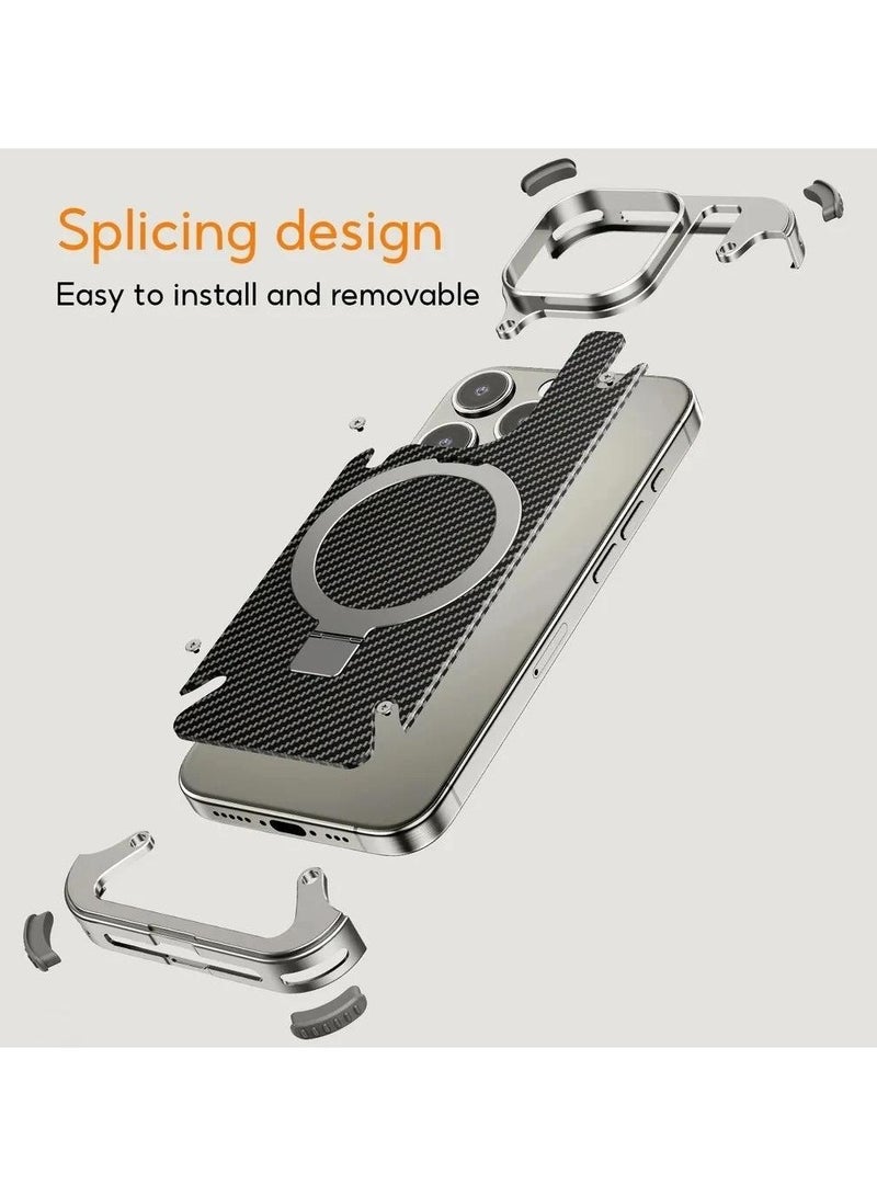Oatsbasf Luxury New Design Carbon Fiber Case with Phone Ring Grip Frameless for iPhone 16 Pro Max Silver - Image 5