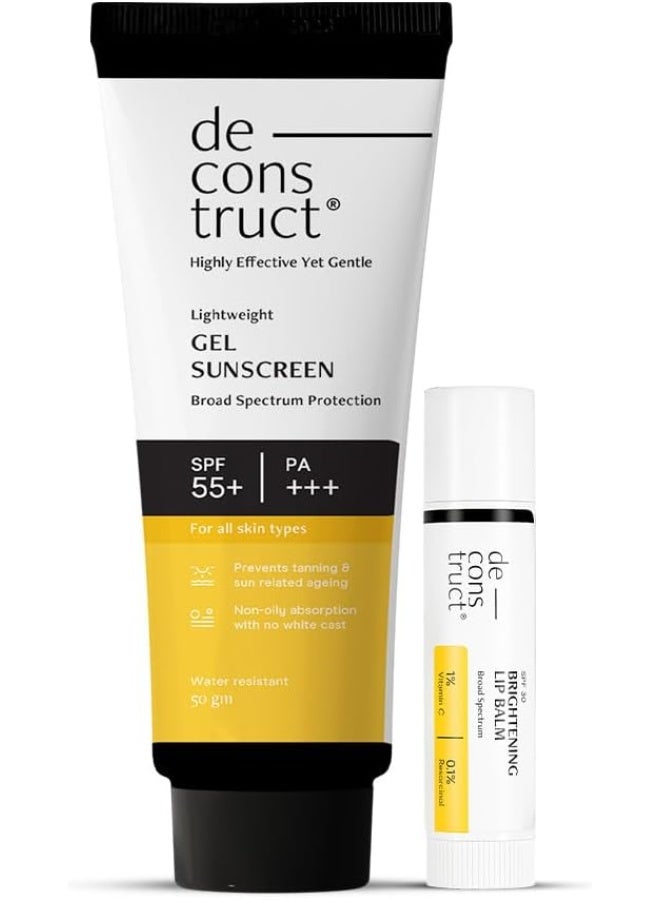Deconstruct Glow Guard Duo | Brightening Lip Balm (4g) + Gel Sunscreen (50 g) | Lip Balm- For Dark, Pigmented, Dry, Flaky Lips | Brightens Pigmented Lips |Sunscreen- SPF 50+ Gel based sunscreen for all skin types | Pack of 2 - Image 1