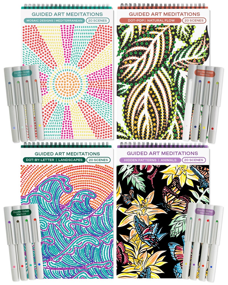 Lifelines FlowArt Activity Pads, 4-Pack - Guided Art Meditations with 4 Sets of Markers & 80 Scenes - Color by Number/Letter, Dot Art and More Coloring Books for Tweens, Adults & Seniors - Image 1