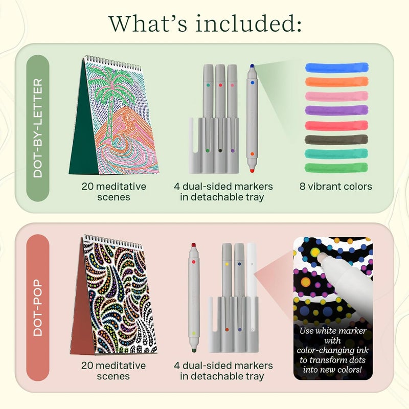 Lifelines FlowArt Activity Pads, 4-Pack - Guided Art Meditations with 4 Sets of Markers & 80 Scenes - Color by Number/Letter, Dot Art and More Coloring Books for Tweens, Adults & Seniors - Image 3