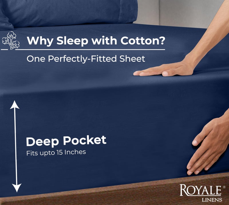 Royale Linens 100% Organic Cotton Fitted Sheet - Percale Weave - Super Soft Deep Pocket Bottom Sheets - Navy Elastic Sheet Twin Size - Twin Fitted Sheets Only - (39"x75"+15", Navy) - Image 2