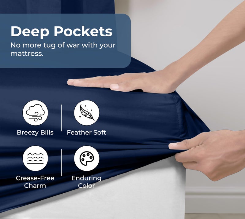 Royale Linens 100% Organic Cotton Fitted Sheet - Percale Weave - Super Soft Deep Pocket Bottom Sheets - Navy Elastic Sheet Twin Size - Twin Fitted Sheets Only - (39"x75"+15", Navy) - Image 4