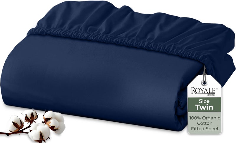 Royale Linens 100% Organic Cotton Fitted Sheet - Percale Weave - Super Soft Deep Pocket Bottom Sheets - Navy Elastic Sheet Twin Size - Twin Fitted Sheets Only - (39"x75"+15", Navy) - Image 1