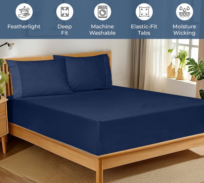 Royale Linens 100% Organic Cotton Fitted Sheet - Percale Weave - Super Soft Deep Pocket Bottom Sheets - Navy Elastic Sheet Twin Size - Twin Fitted Sheets Only - (39"x75"+15", Navy) - Image 3