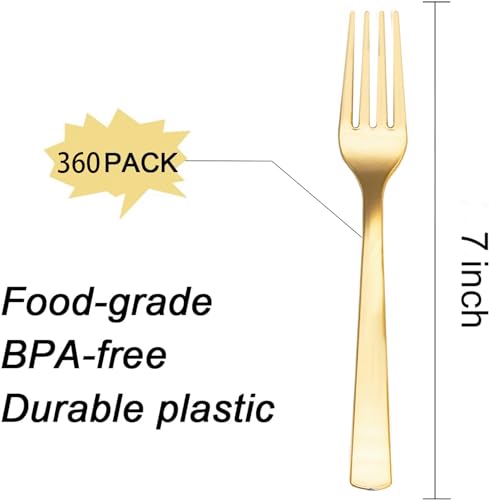 Liacere 360Pcs Plastic Forks Heavyweight Forks 7 Inch Heavy Duty Gold Disposable Forks Gold Plastic Silverwar Perfect For Parties Weddings Thanksgiving Restaurants And Daily Using - Image 5