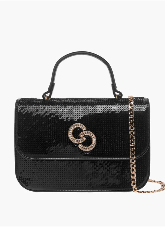Celeste Women Sequinned Satchel Bag with Handle and Detachable Strap