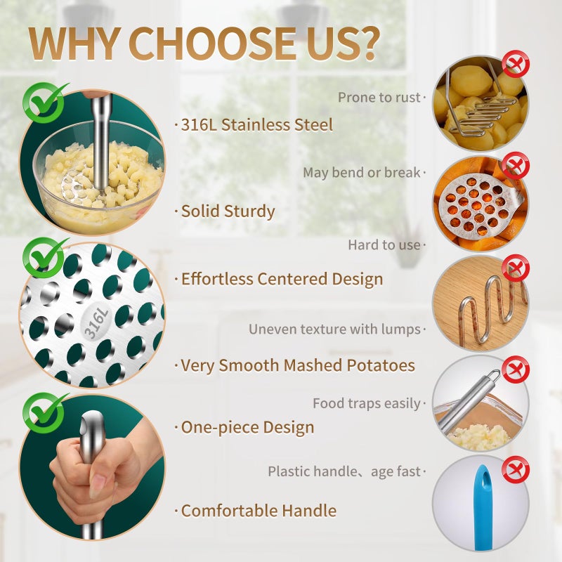BOMANSI BOMS 316L Potato Masher Stainless Steel, BOMANSI BOMS Sturdy Mashed Potato Masher Kitchen Tool, Solid Integrated Potatoes Smasher for Beans, Avocados, Squash, Dishwasher Safe - Image 2