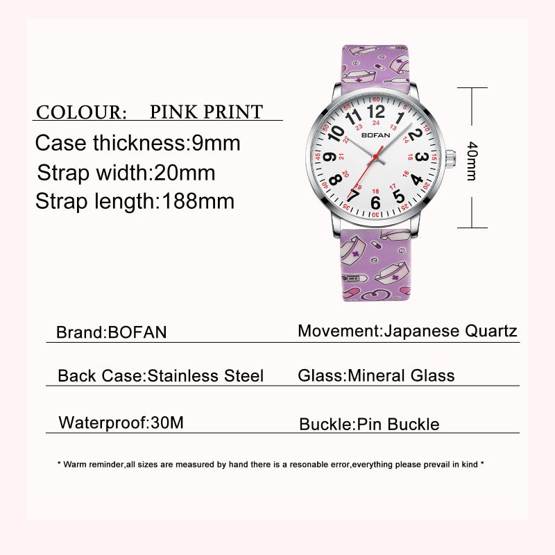 BOFAN Nurse Watch for Nurses,Medical Professionals,Students,Doctors with Easy to Read Dial,Second Hand and 24 Hour,Soft Pink Print Silicone Band,Water Resistant - Image 5