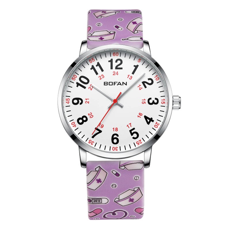 BOFAN Nurse Watch for Nurses,Medical Professionals,Students,Doctors with Easy to Read Dial,Second Hand and 24 Hour,Soft Pink Print Silicone Band,Water Resistant - Image 1