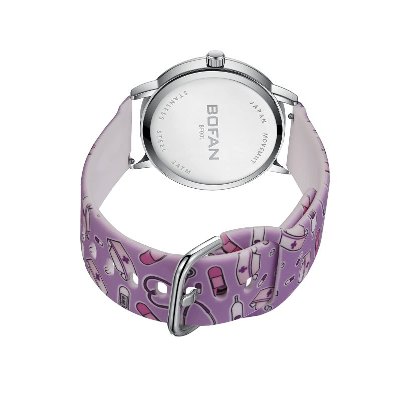 BOFAN Nurse Watch for Nurses,Medical Professionals,Students,Doctors with Easy to Read Dial,Second Hand and 24 Hour,Soft Pink Print Silicone Band,Water Resistant - Image 3