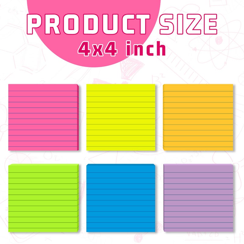 vipstar (12 Pads) Lined Sticky Notes 4x4 in Post, 6 Bright Colors with Lines Self-Stick Note Pads it, Strong Adhesive, 46 Sheets/Pad, 552 Sheets in Total - Image 2