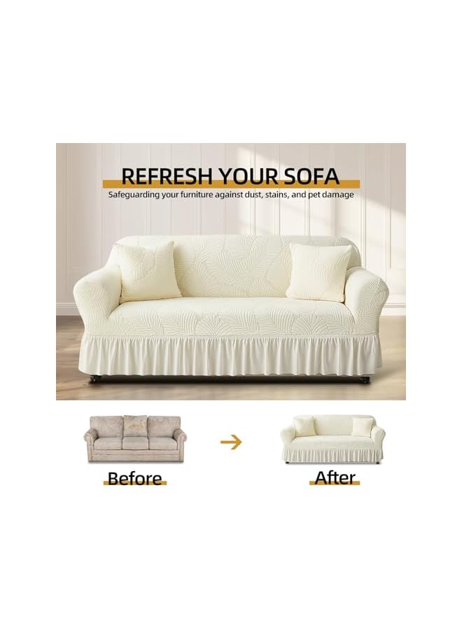 The Bros Stretch Sofa Cover with Skirt Universal Elastic Slipcover Non-Slip Washable Jacquard Couch Cover Seamless Furniture Protector for Pet Kids Living Room (Beige, 2 Seater(145-185cm)) - Image 5