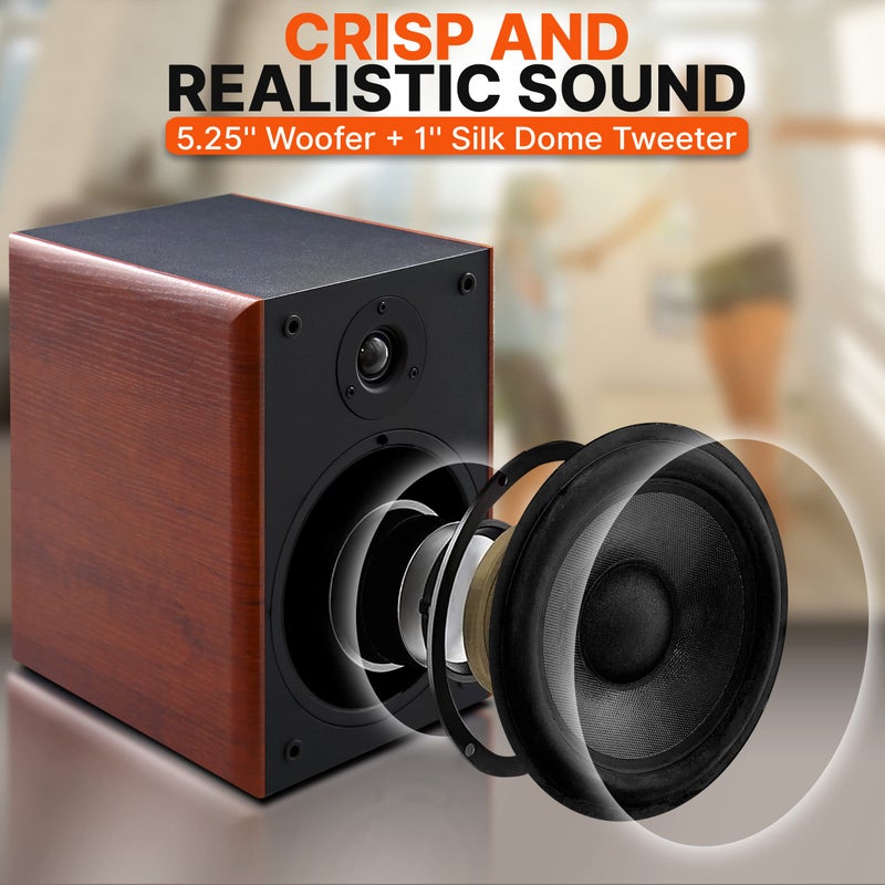 Pyle 5.25" Home Audio Speakers, 2-Way Passive Bookshelf, 200W Max Power, 1" Silk Dome Tweeter, Composite Woofer, Gold Plated 5 Way Binding Post, Rubber Surrounds, Beautiful Wood Grain Finish - Pair - Image 2
