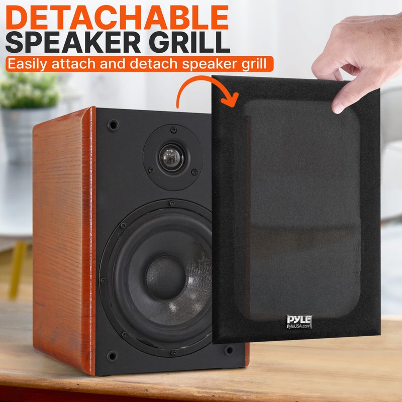 Pyle 5.25" Home Audio Speakers, 2-Way Passive Bookshelf, 200W Max Power, 1" Silk Dome Tweeter, Composite Woofer, Gold Plated 5 Way Binding Post, Rubber Surrounds, Beautiful Wood Grain Finish - Pair - Image 5