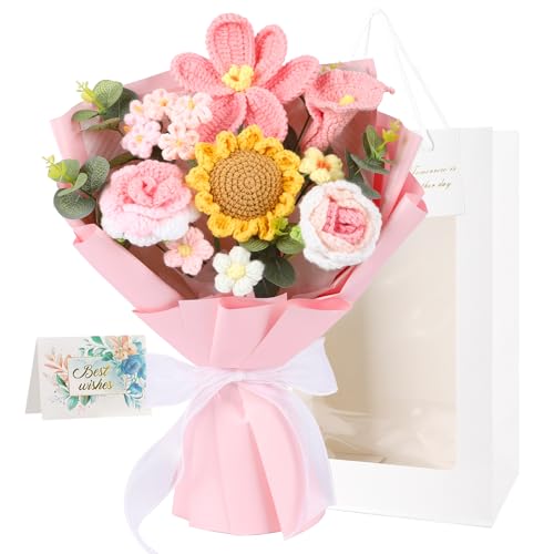 Huahua Crocheted Bouquet Handmade Knitted FlowersTulips Sunflowers Roses Crochet Flowers Suitable for Valentines Day Teachers Day Anniversary Birthday Parties Mothers Day Graduation Gifts Pink - Image 1