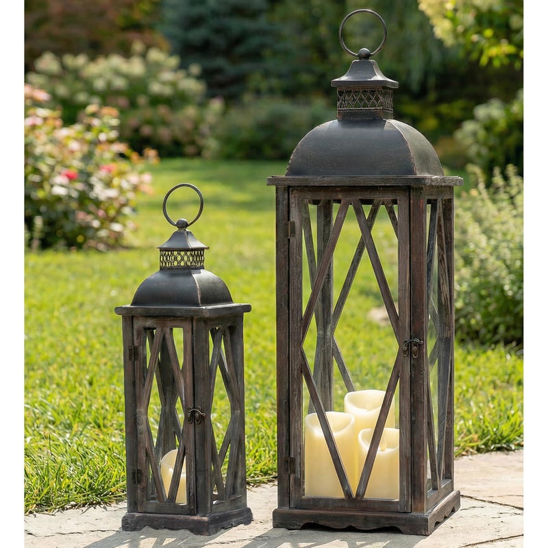 Perfnique Farmhouse Outdoor Lanterns for Patio, Set of 2 Rustic Lanterns Decor, Vintage Hanging Candle Holder Decorative for Porch, Garden, Yard, Indoor (No Glass, Dark Brown) - Image 1