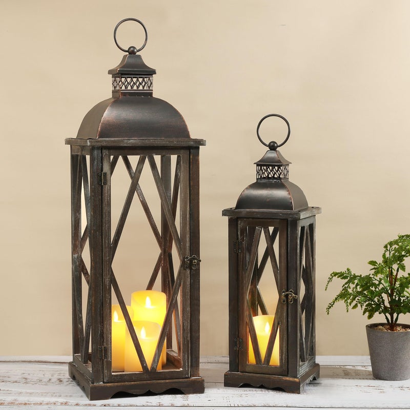 Perfnique Farmhouse Outdoor Lanterns for Patio, Set of 2 Rustic Lanterns Decor, Vintage Hanging Candle Holder Decorative for Porch, Garden, Yard, Indoor (No Glass, Dark Brown) - Image 4