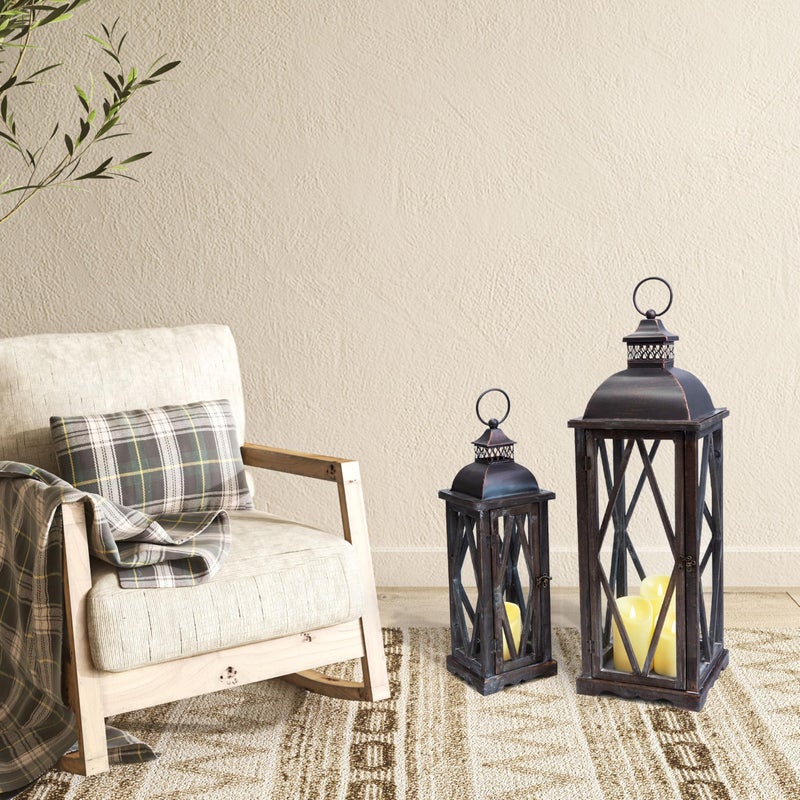 Perfnique Farmhouse Outdoor Lanterns for Patio, Set of 2 Rustic Lanterns Decor, Vintage Hanging Candle Holder Decorative for Porch, Garden, Yard, Indoor (No Glass, Dark Brown) - Image 2