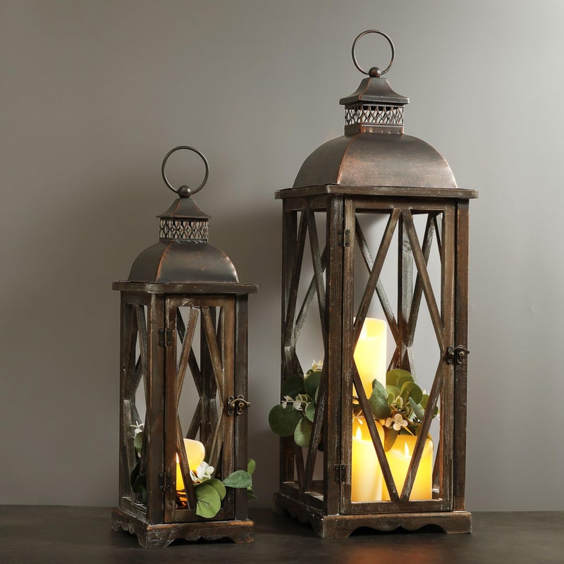 Perfnique Farmhouse Outdoor Lanterns for Patio, Set of 2 Rustic Lanterns Decor, Vintage Hanging Candle Holder Decorative for Porch, Garden, Yard, Indoor (No Glass, Dark Brown) - Image 5