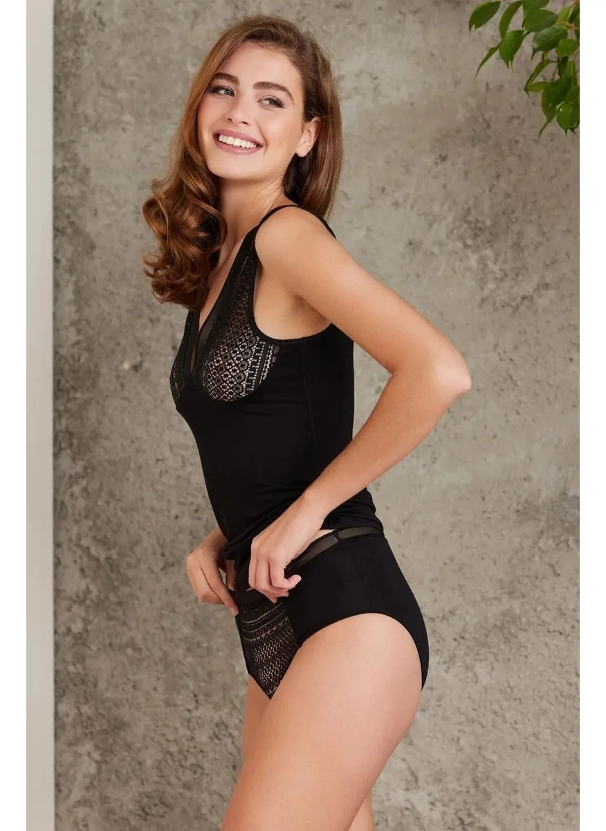 بيير كاردان 320 Women's Thick Strap Lace Undershirt Panty Set - Black